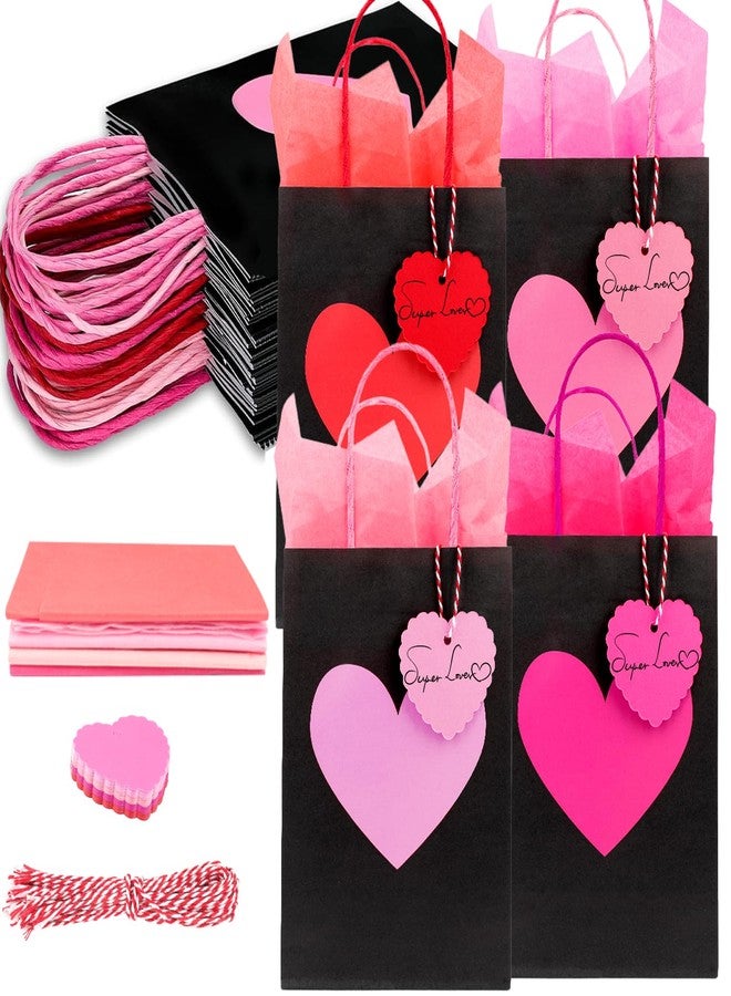 Fangoo 24Pcs Red Pink Heart Valentine Paper Gift Bags with Handles Heart Tags Tissue Paper for Kids Classroom Small Valentine Goodie Bags Wedding Birthday Party Favor Bags - Image 1